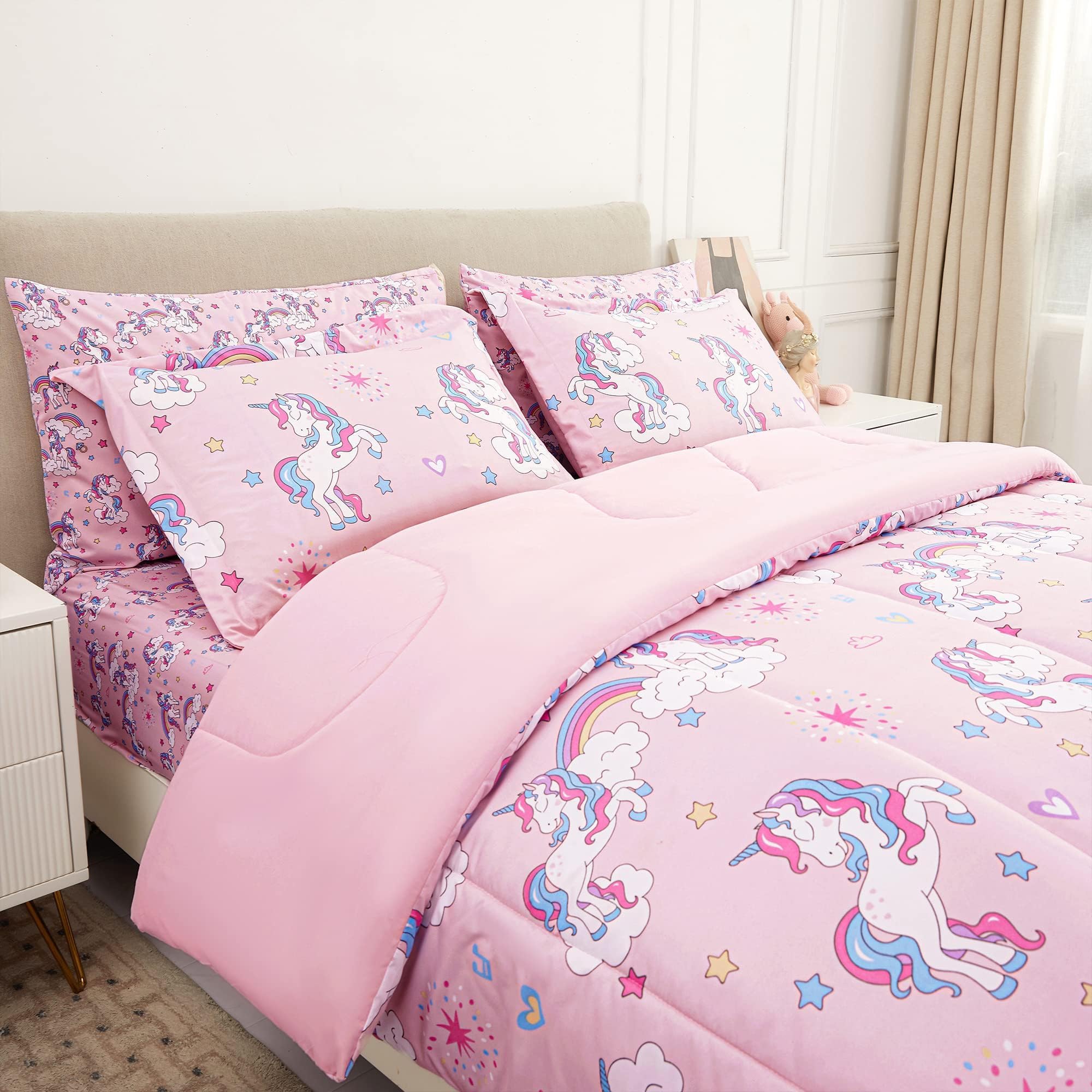 Mooreeke pink unicorn pattern on comforter brightens teen bedrooms with cheerful, easy-care fabric.