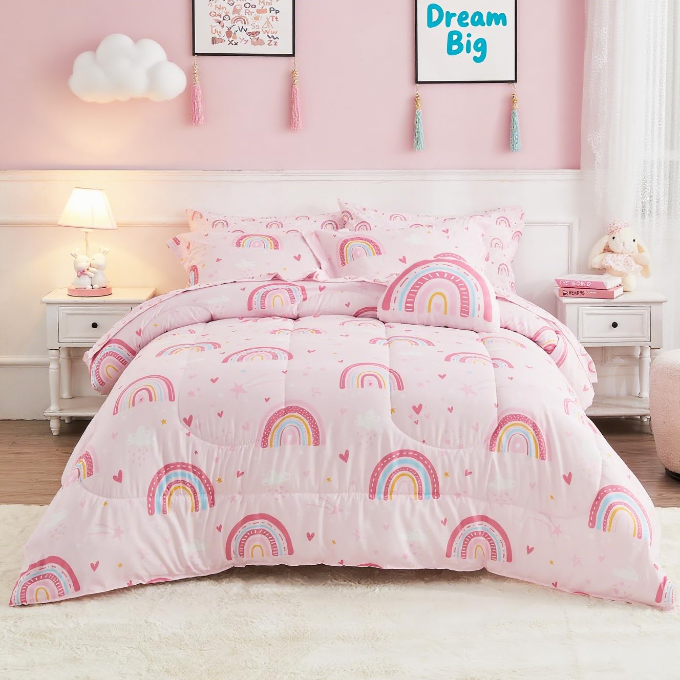 Mooreeke rainbow pink bed set twin showing a cheerful kids' room vibe and soft fabric.