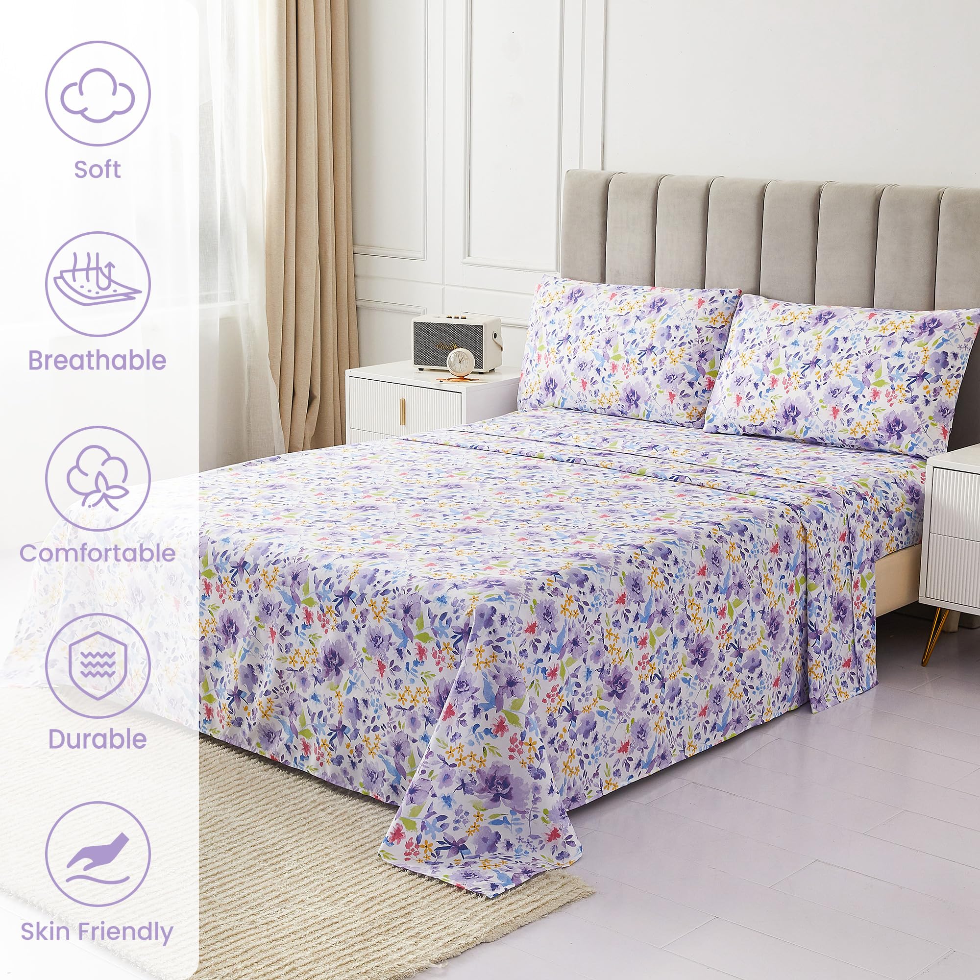 Mooreeke vintage flower print queen sheets; decorative pattern enhances sleep space.