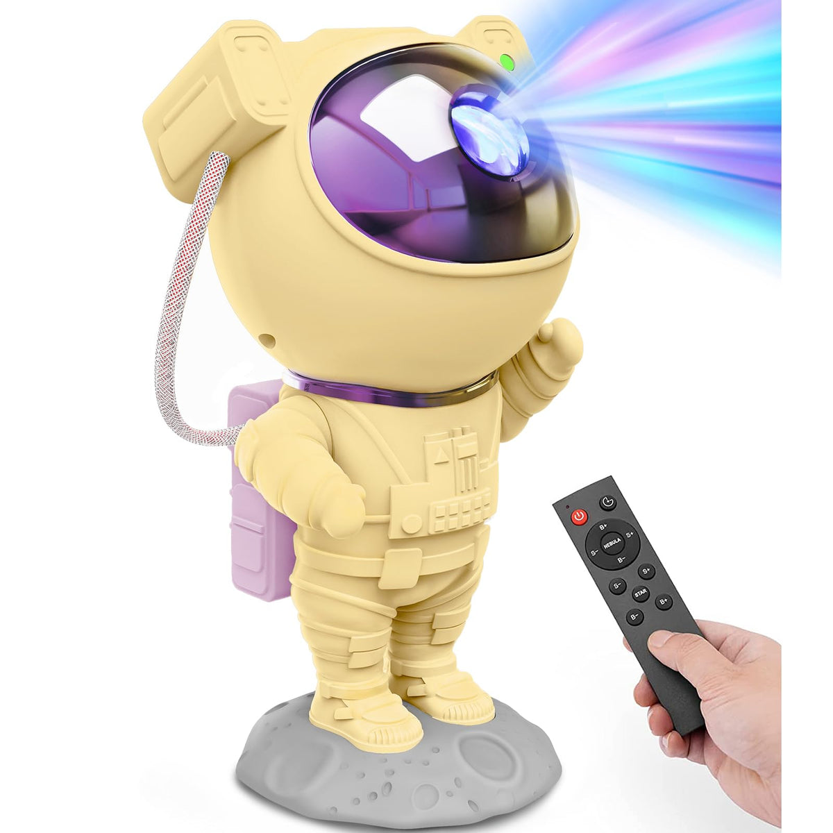 Mooyran Astronaut Galaxy Projector front view: vivid nebula skies for a calming bedroom ambiance