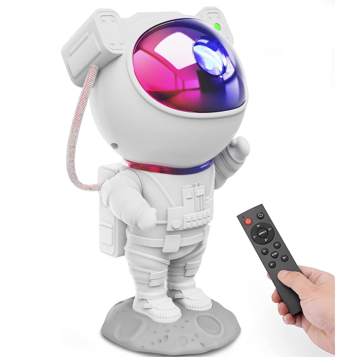 Mooyran Colorful Astronaut Projector angle showcases adjustable nebula projection on walls.