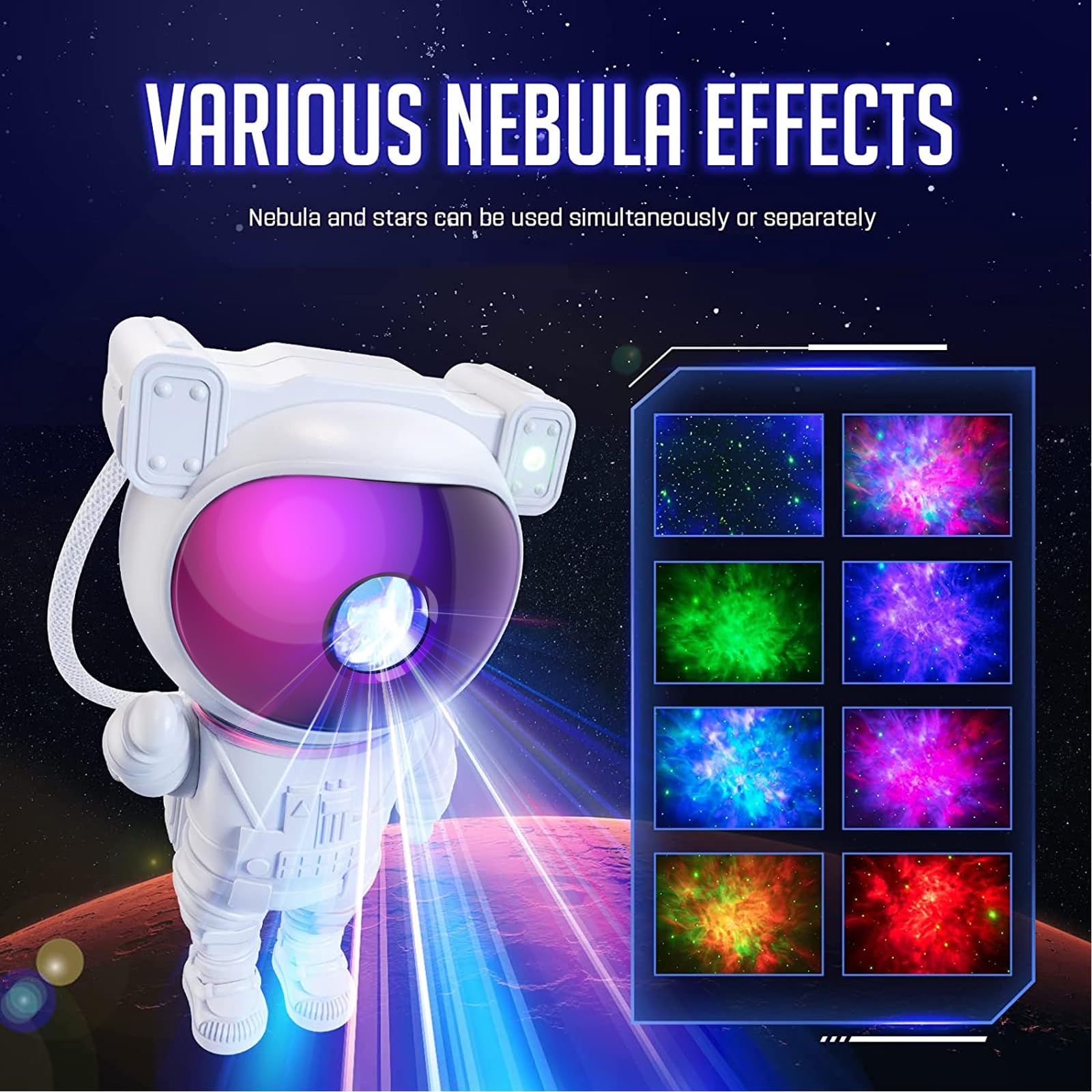 Mooyran Colorful Astronaut Projector nebula effects lighting ceilings with soft hues.