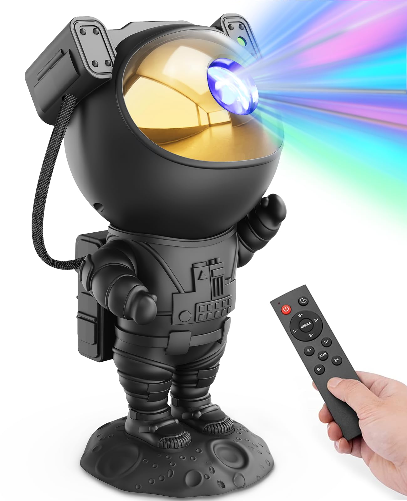 Mooyran Galaxy Projector with astronaut design projects nebula light on walls.