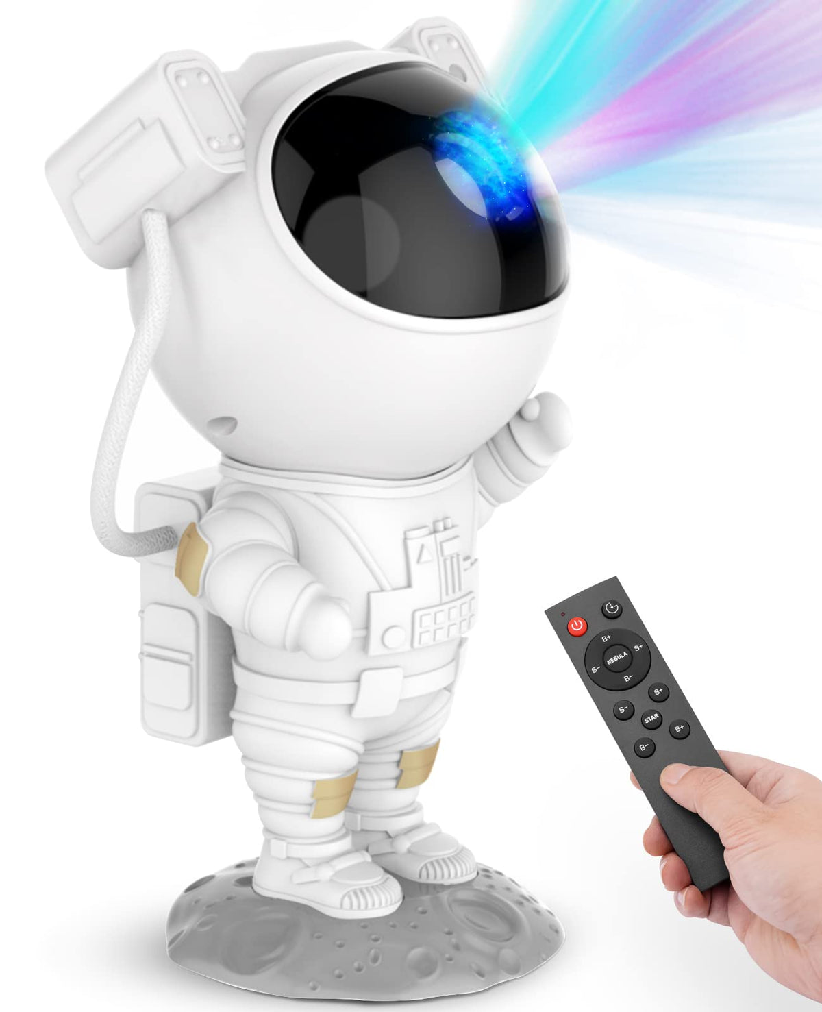 Mooyran Star Projector Astronaut figure projecting vivid nebula patterns for a peaceful sleep.