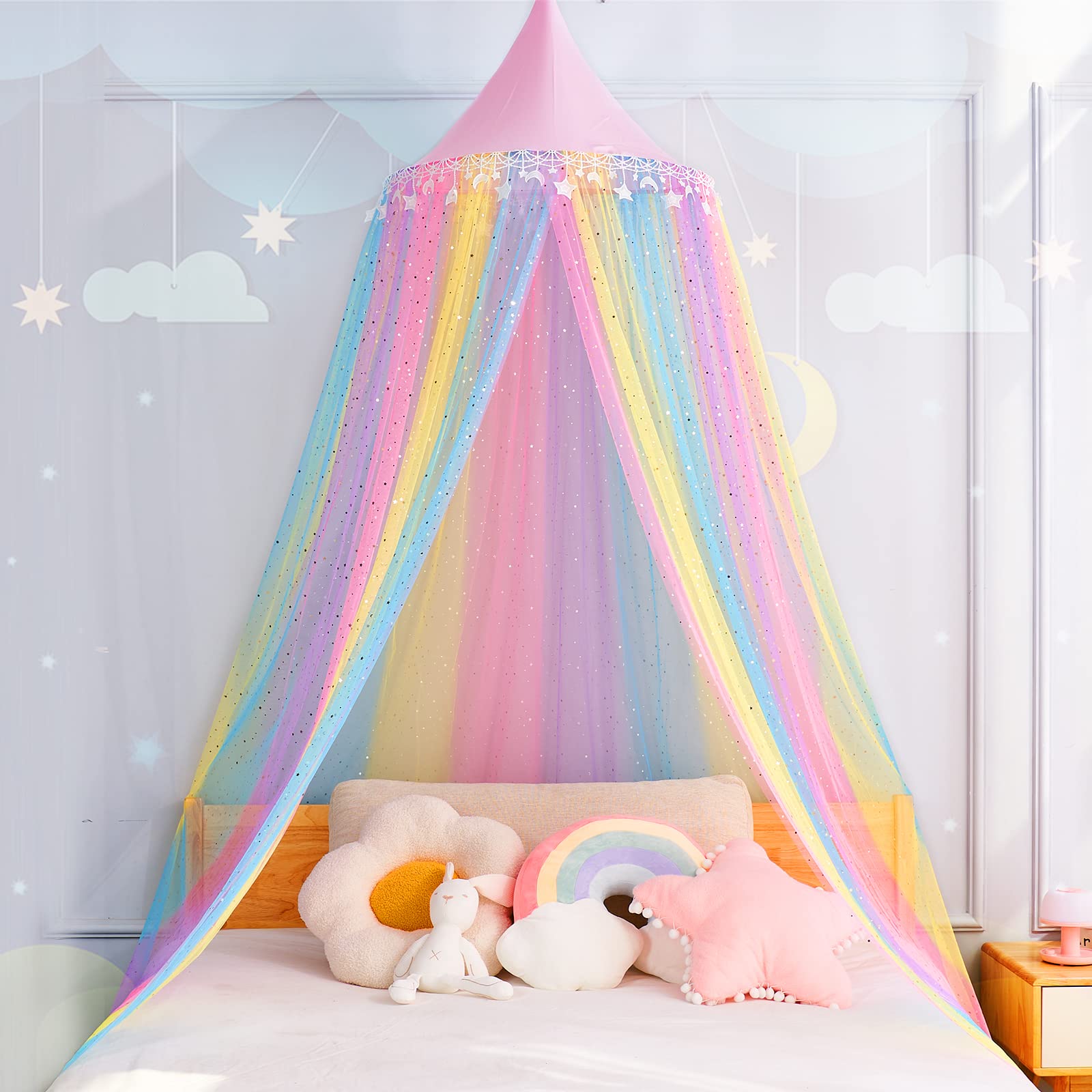 MOOZHEALTH Rainbow Bed Canopy over a kid's bed with glitter stars for a magical reading nook.