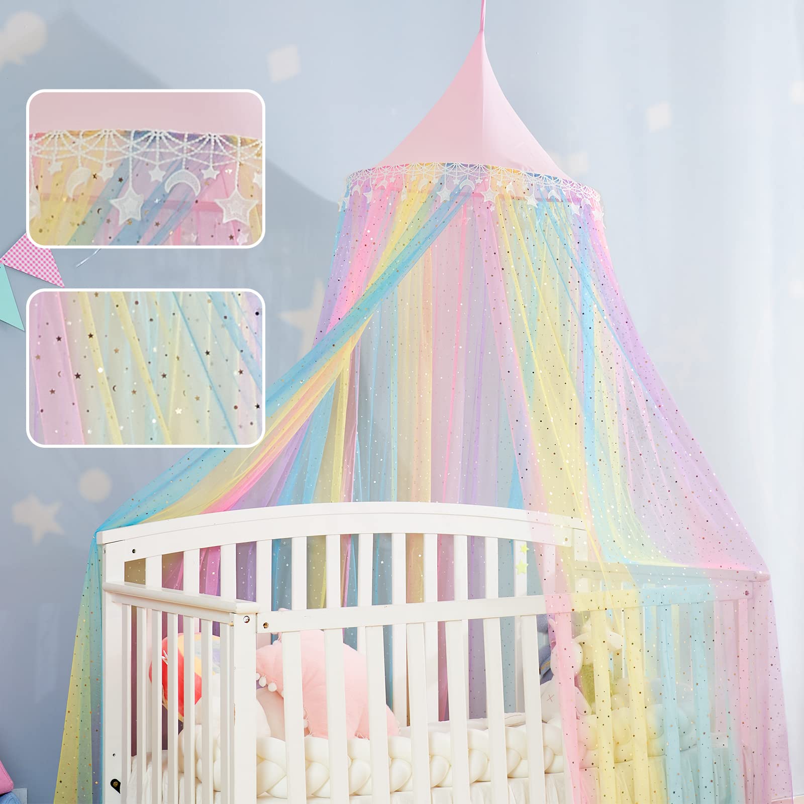 MOOZHEALTH rainbow canopy decorates bedrooms, nurseries, or play spaces.