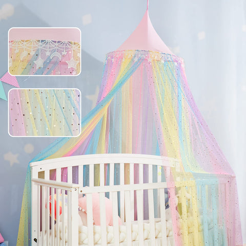 MOOZHEALTH rainbow canopy decorates bedrooms, nurseries, or play spaces.