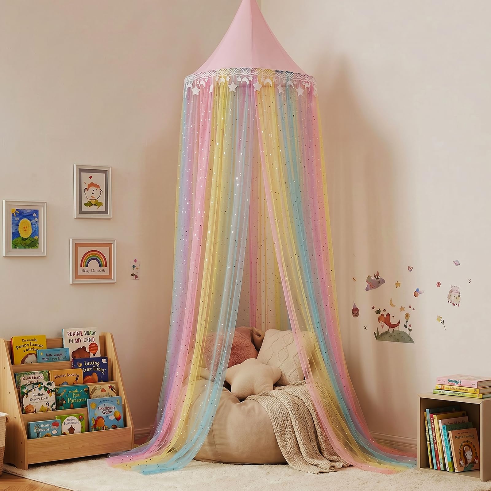 MOOZHEALTH canopy with star and moon embroidery enhances room decor.