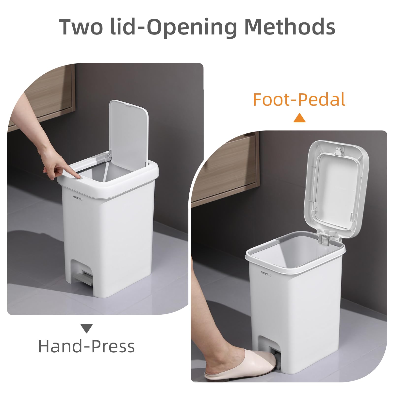 MOPALL trash can with press top and foot pedal for hands-free access.
