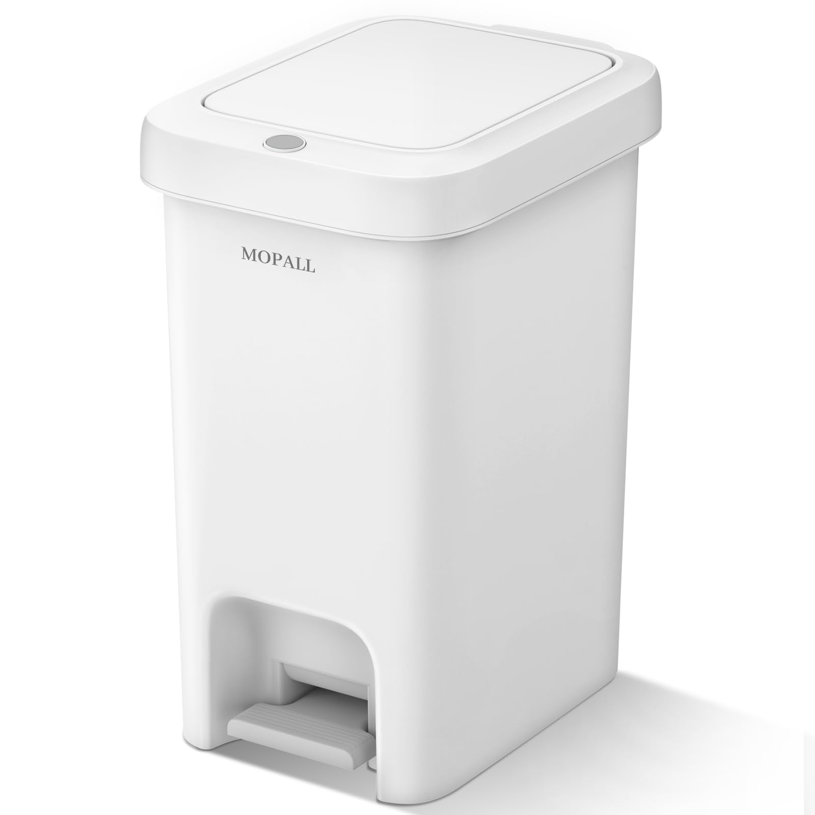 MOPALL 21.5L slim trash can with soft-close lid for quiet use.