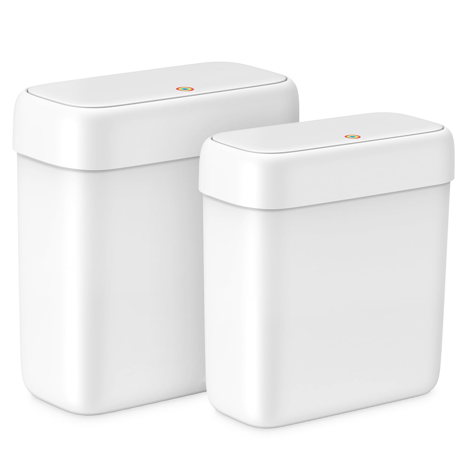 MOPALL 2-pack small trash cans with lids fit tight bathroom spaces for cleaner waste containment.