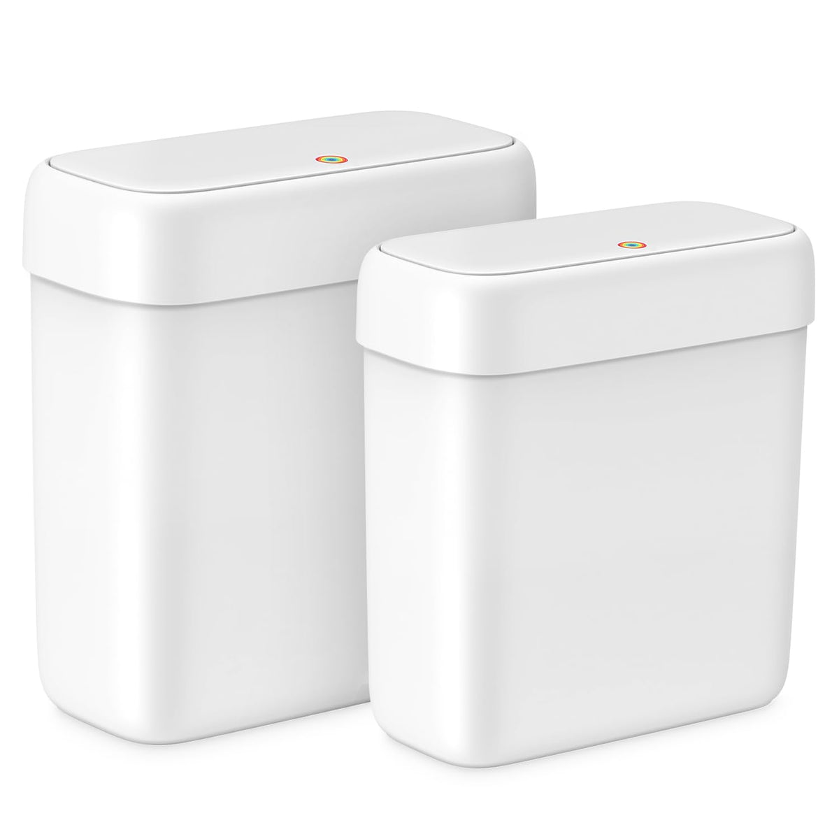 MOPALL 2-pack small trash cans with lids fit tight bathroom spaces for cleaner waste containment.