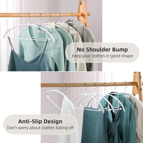 MOPALL ergonomic curved-shoulders hangers prevent shoulder bumps and wrinkling.