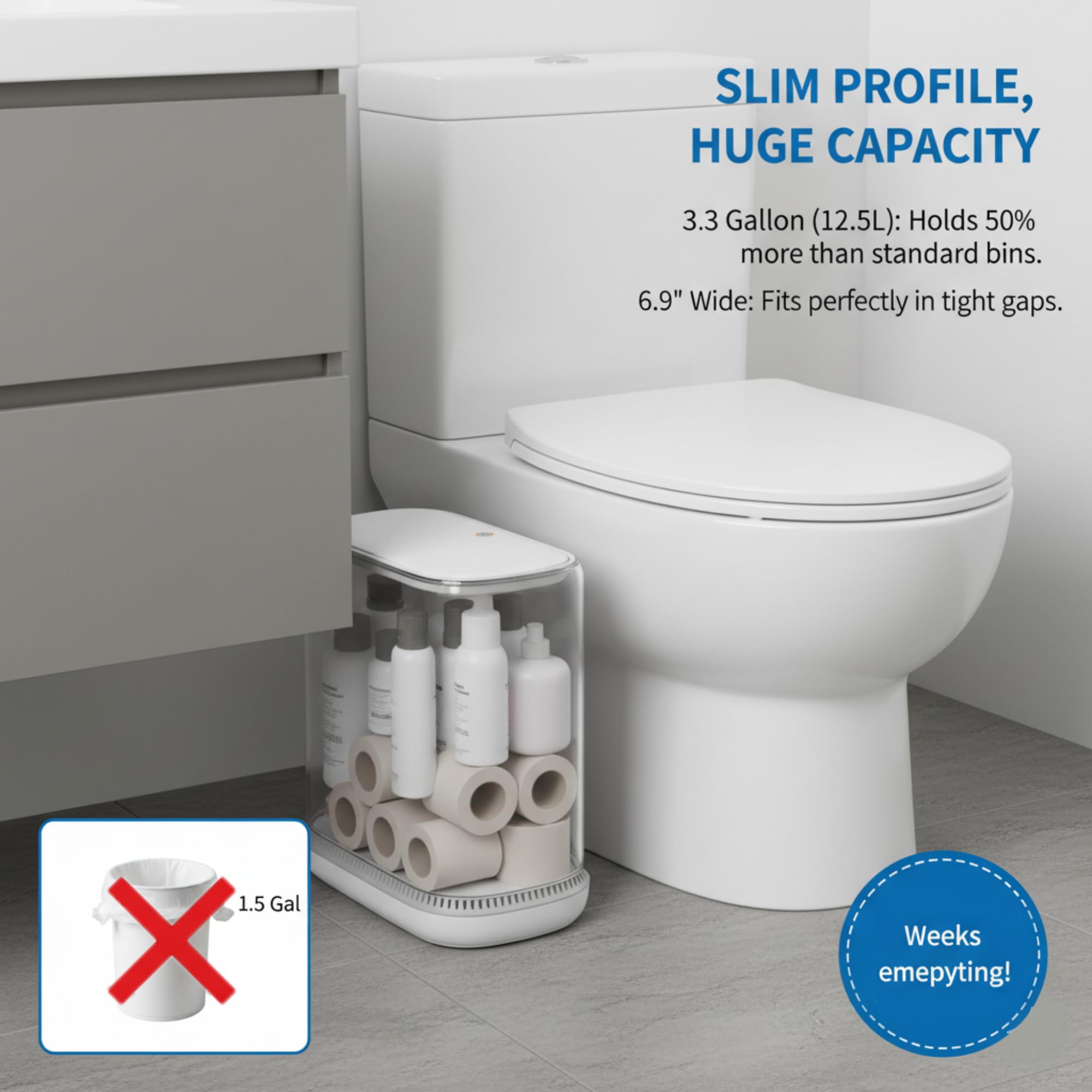 MOPALL nursery and bathroom trash bin complements white modern decor.