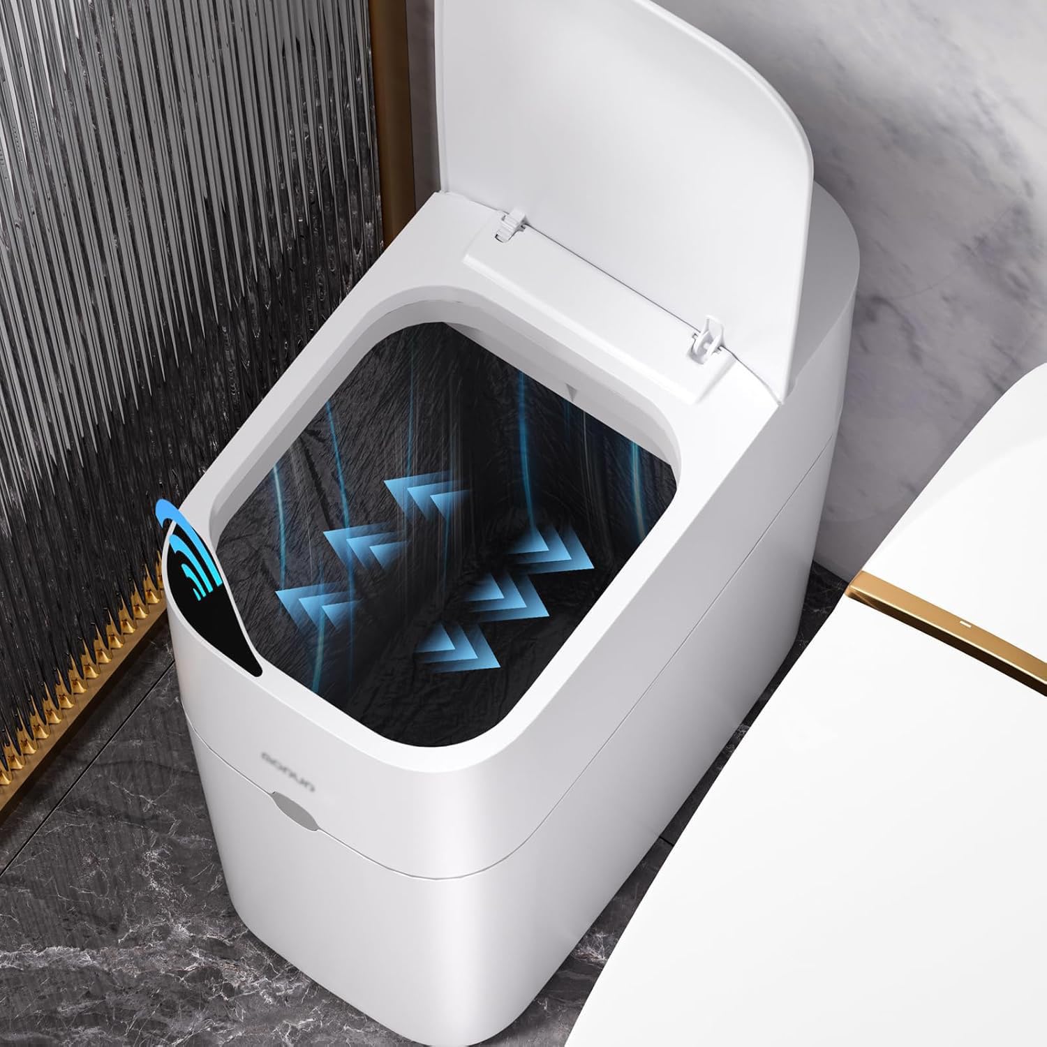MOPUP bathroom trash can with automatic bagging for hands-free use in bathrooms.