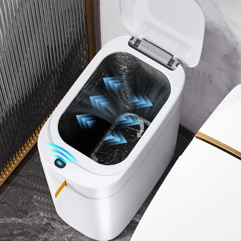 MOPUP bathroom trash can slim front view, showcasing compact footprint for tight spaces.