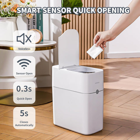 MOPUP motion-sensor trash can opens with a wave for convenience.