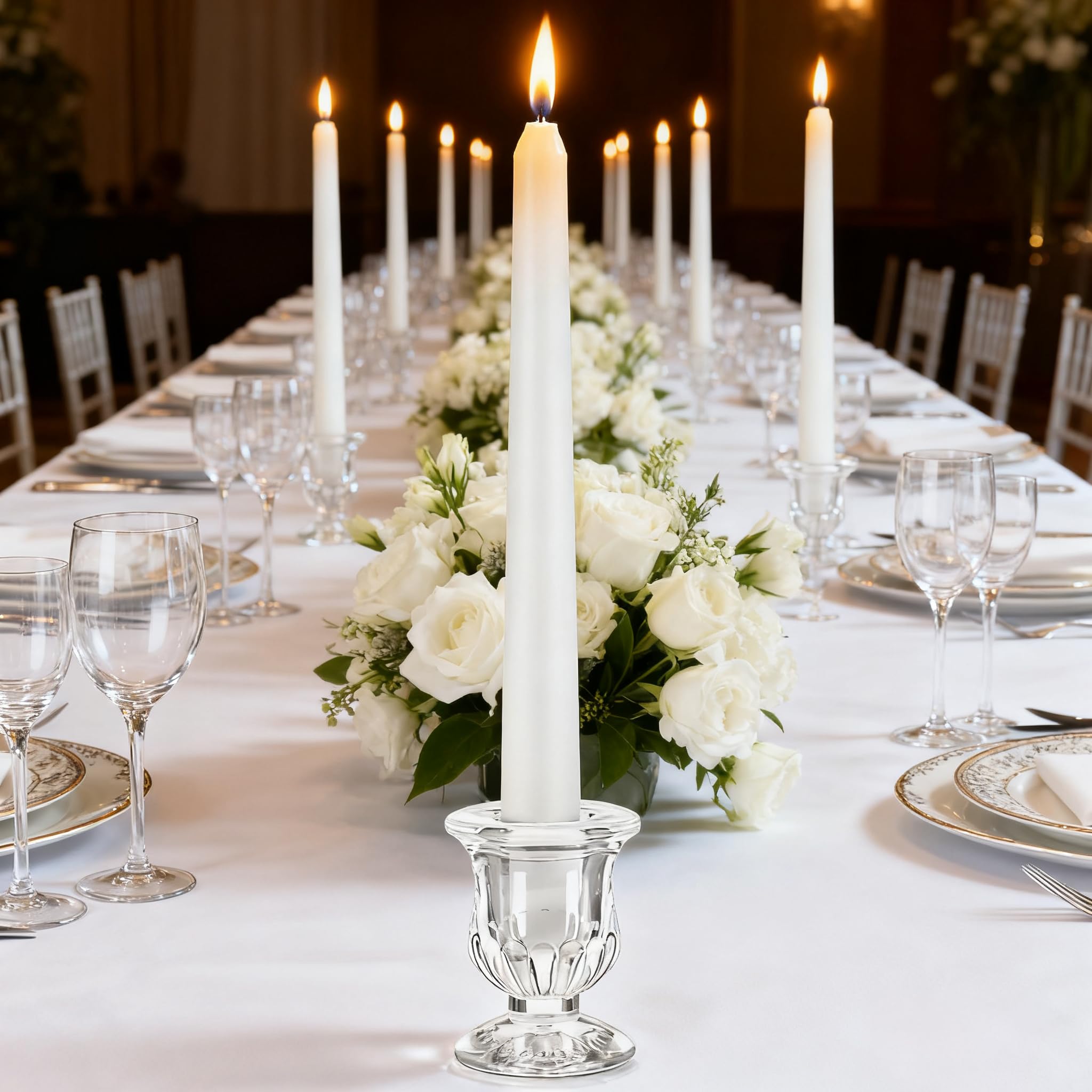 MOQRUAO clear candle holder fits flameless or traditional tapers for dining tables.