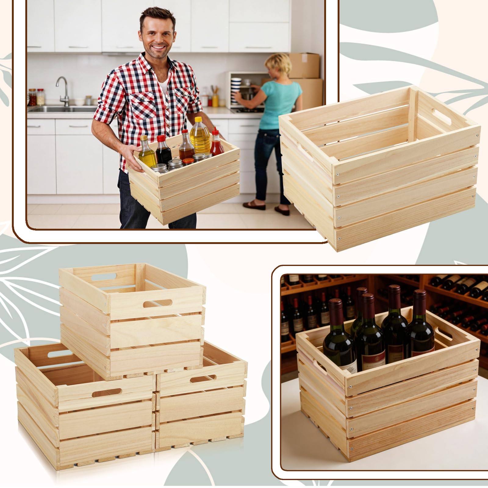 MOQRUAO wooden crates on open shelves for stylish storage and display.