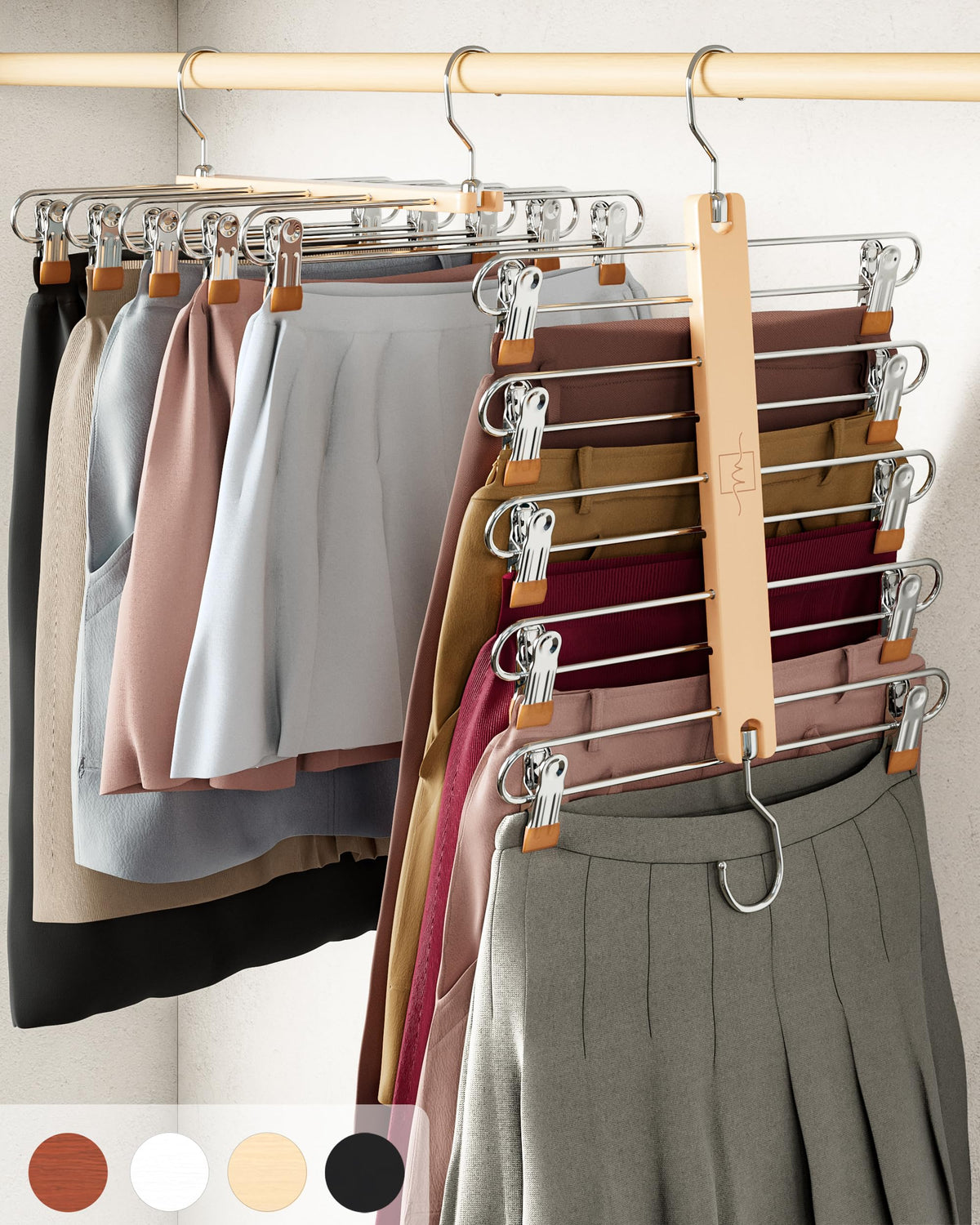 MORALVE beechwood 5-tier hanger wood detail shows premium durability for heavier skirts and pants.