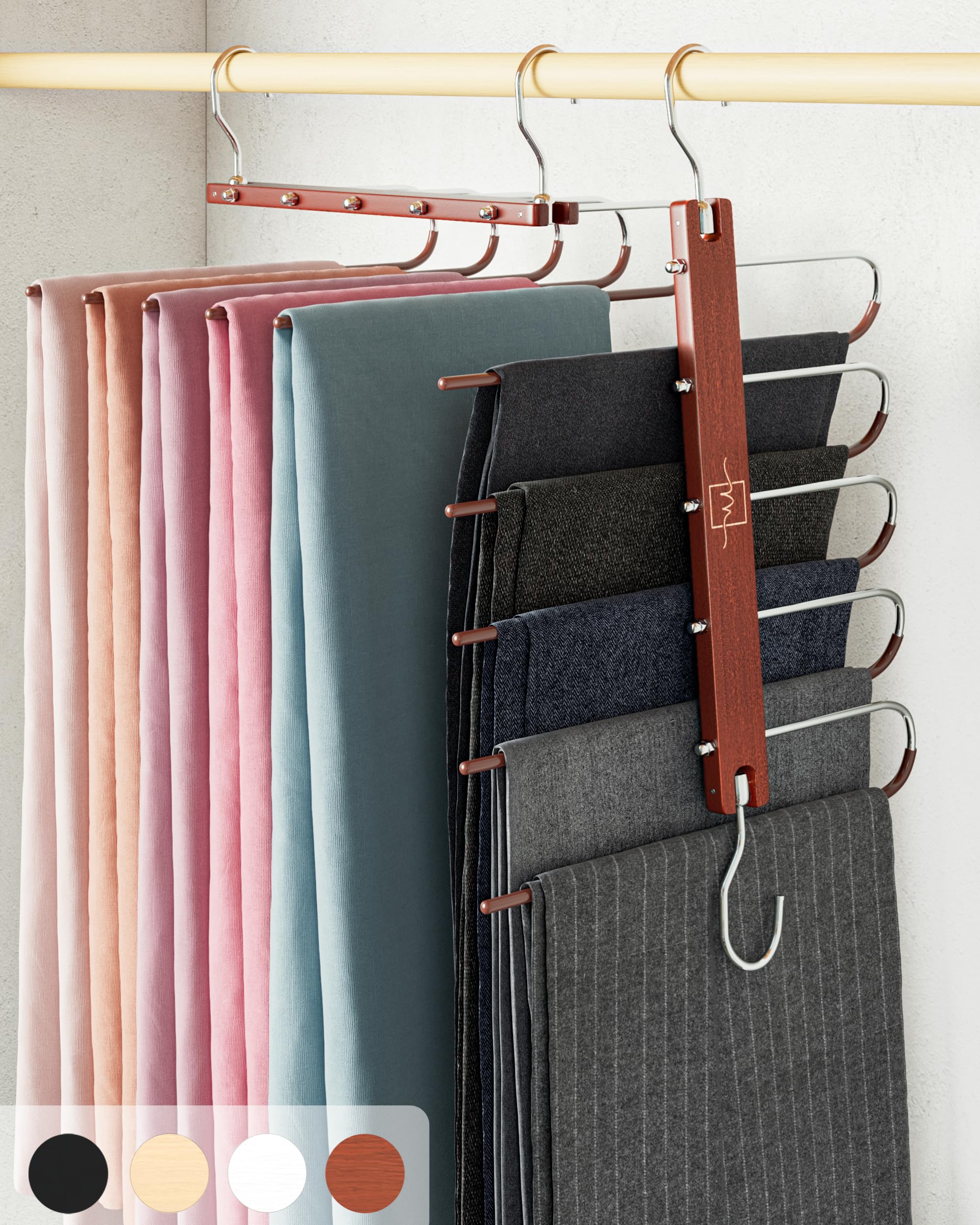 MORALVE beechwood pants hanger with 360° swivel close-up for easy loading