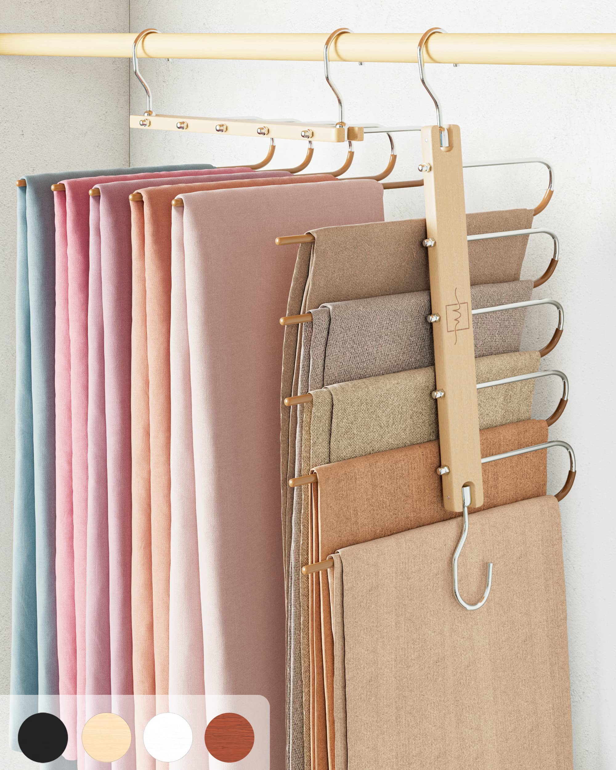 MORALVE beechwood pants hangers 4-pack for organized closet storage.