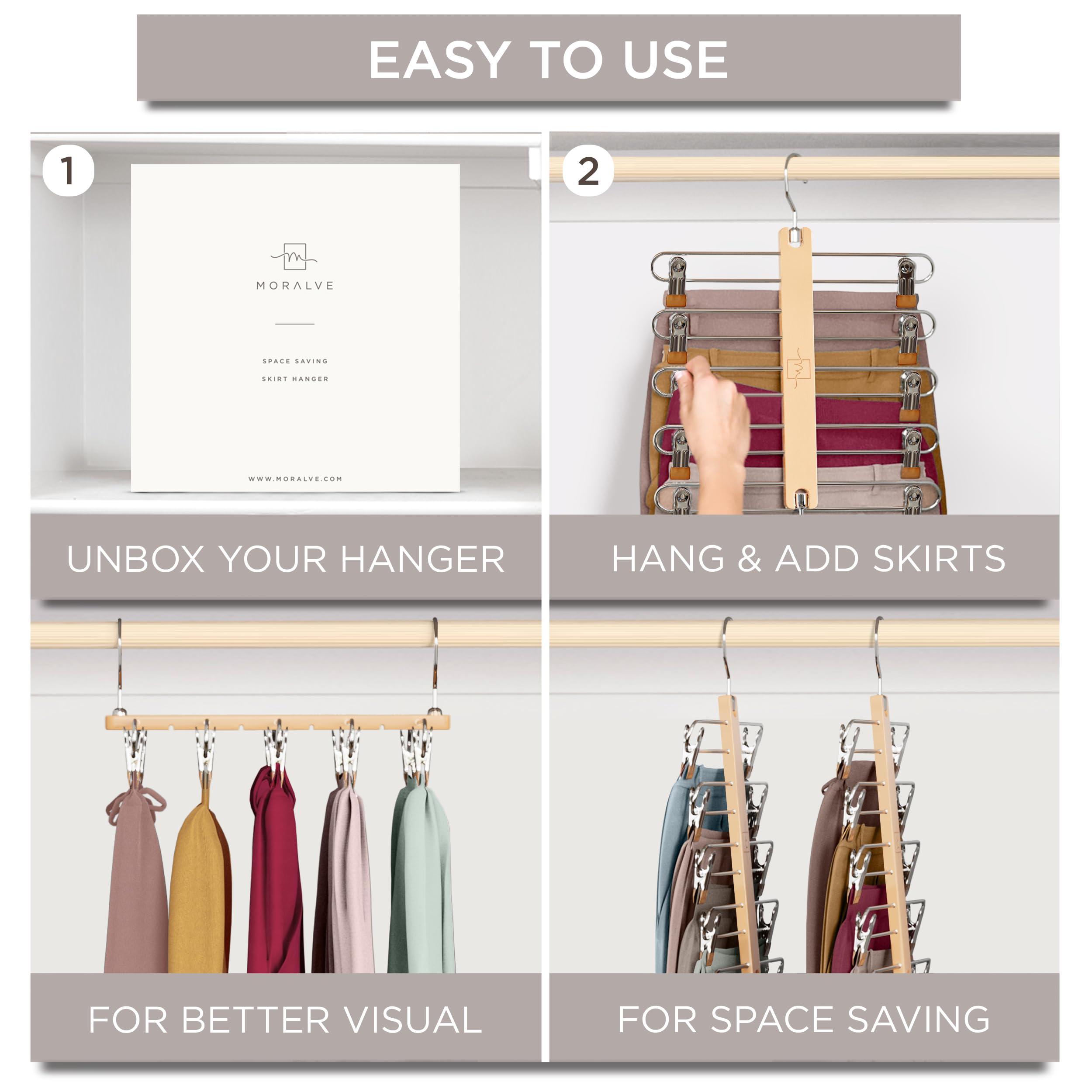 MORALVE easy-assembly steps show quick setup for MORALVE hangers.