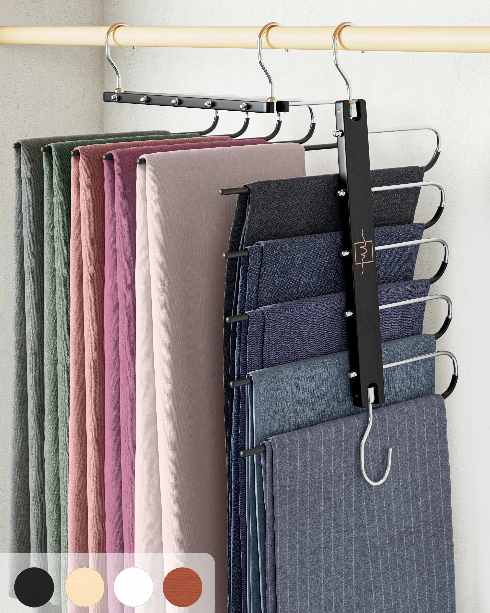 MORALVE beechwood pants hanger with 360° swivel for easy access and secure hanging.