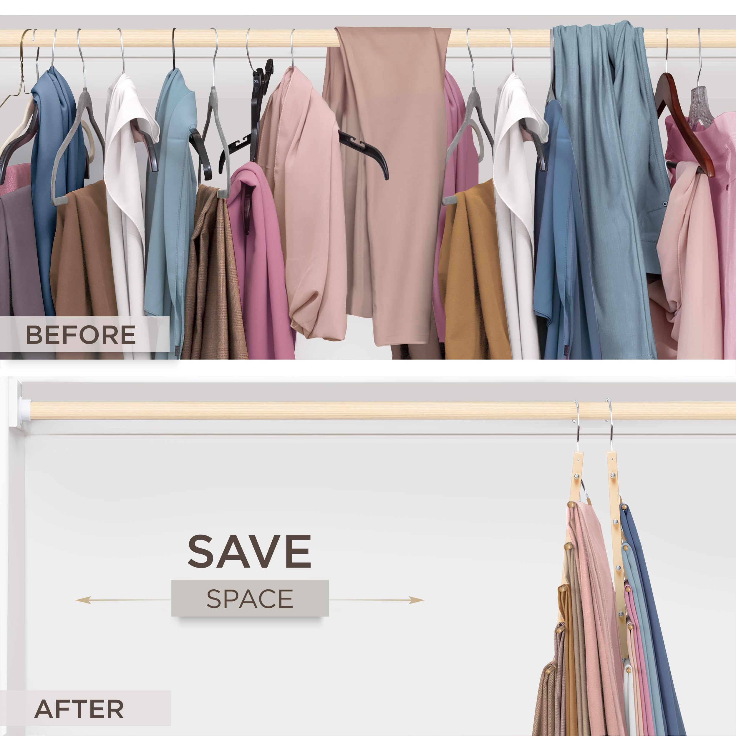 MORALVE beechwood hangers neatly organize clothes in a closet.