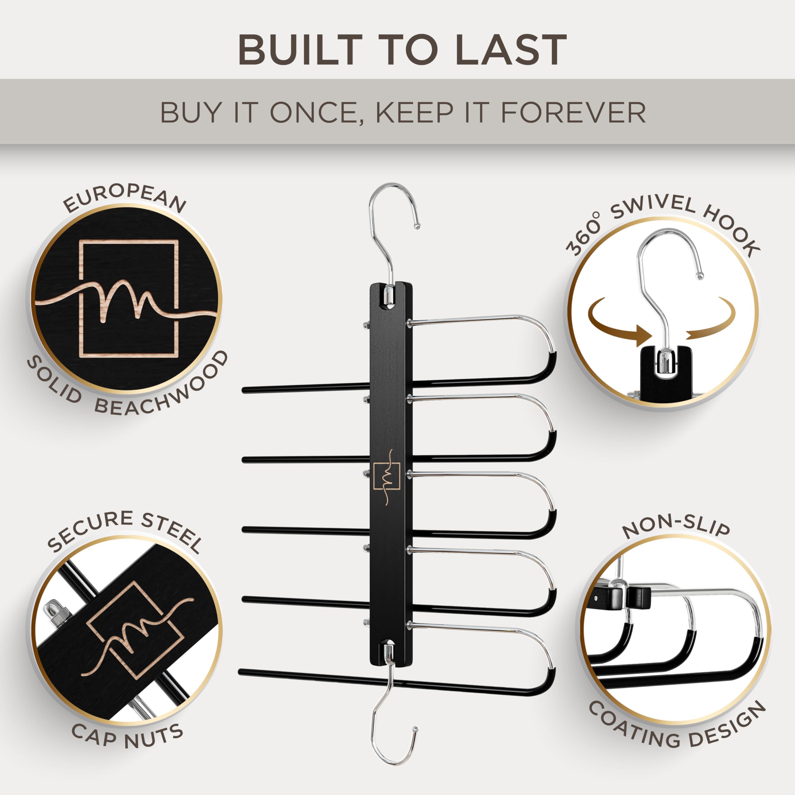 MORALVE beechwood low-profile hanger with a 5-tier design to save space.