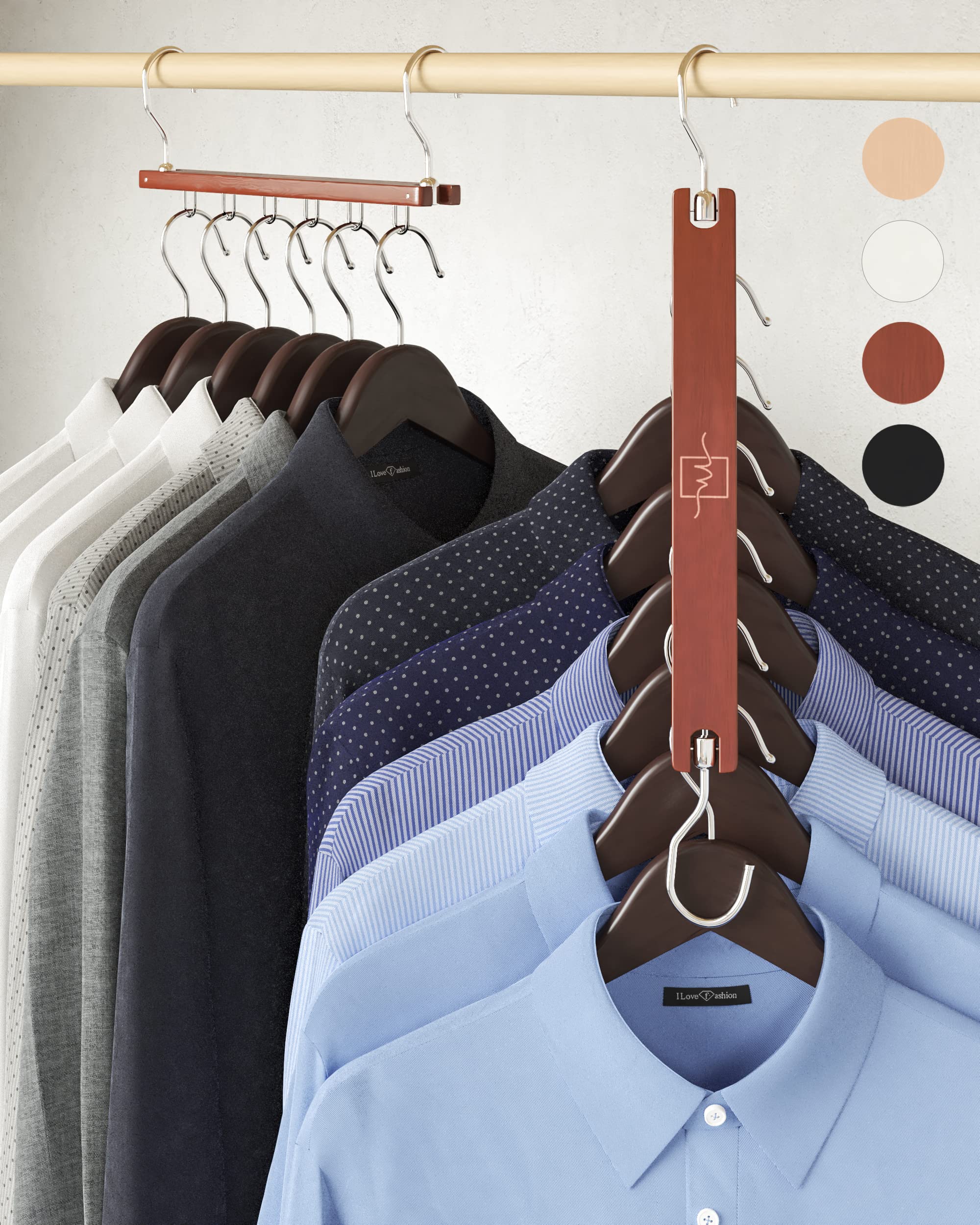 MORALVE space-saving hangers in beechwood with a 360° swivel for easy access and organization.