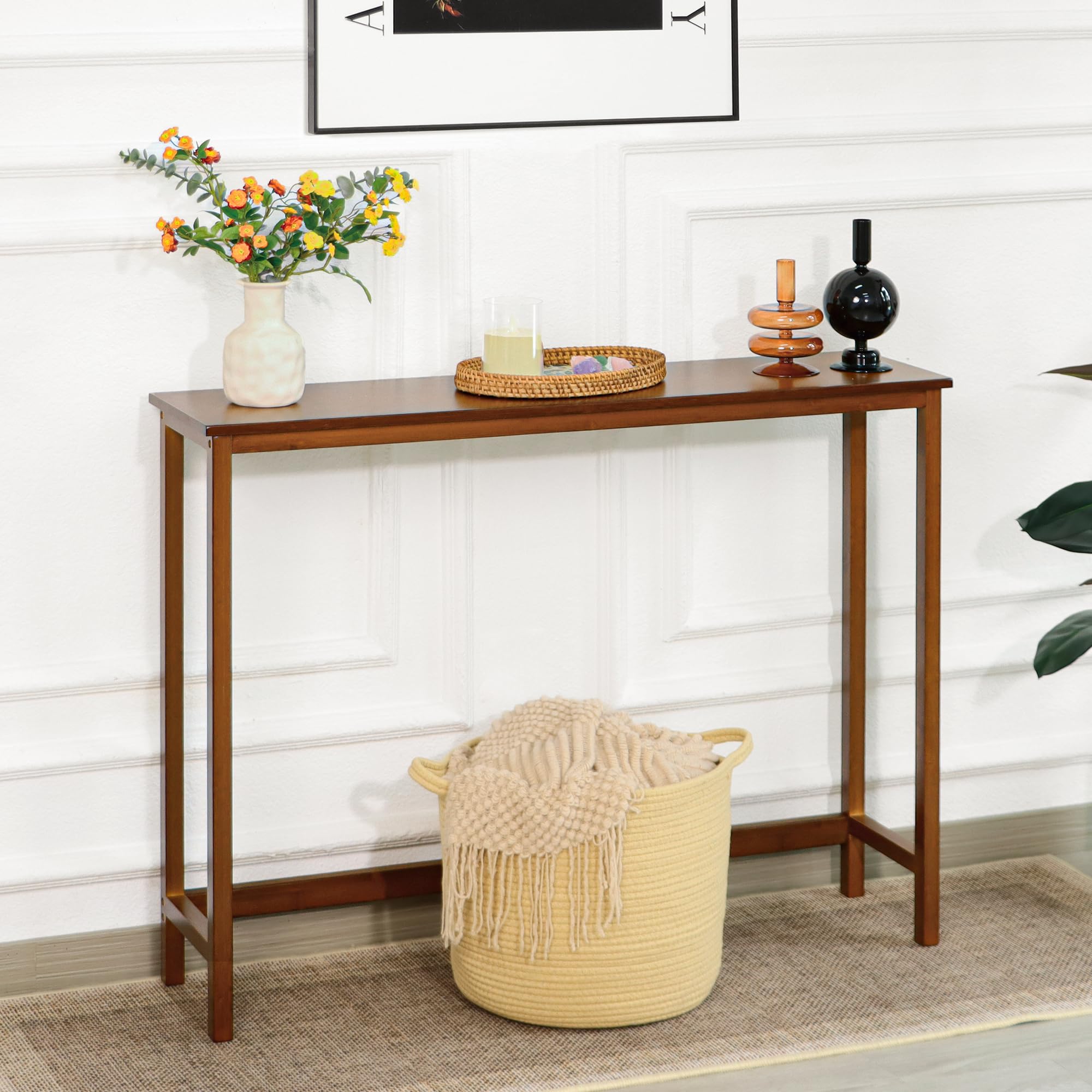 Mordchil HF bamboo narrow console table living room scene demonstrates versatile use as sofa side table