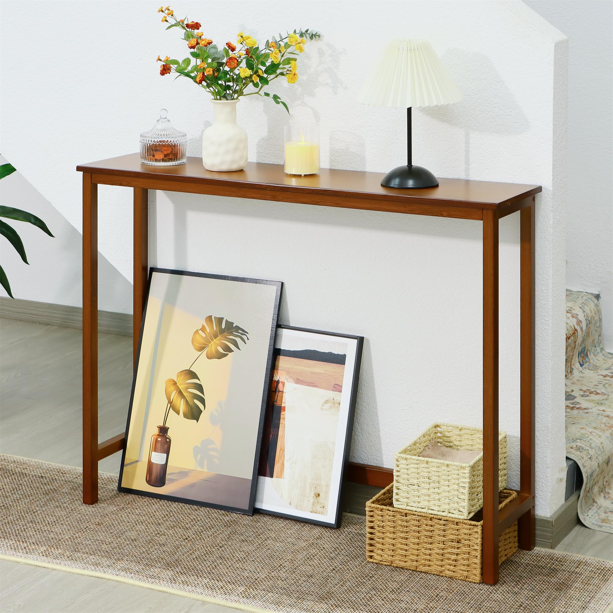 Mordchil HF bamboo narrow console table top view shows a seamless full-piece surface for daily use