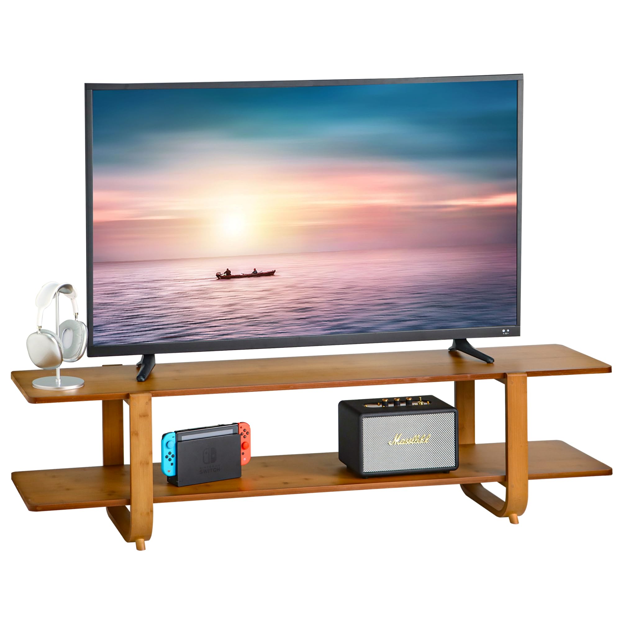 Mordchil HF bamboo TV stand with two open shelves for easy device organization.
