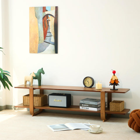 Mordchil HF bamboo TV stand in a corner setup for space-saving layout.
