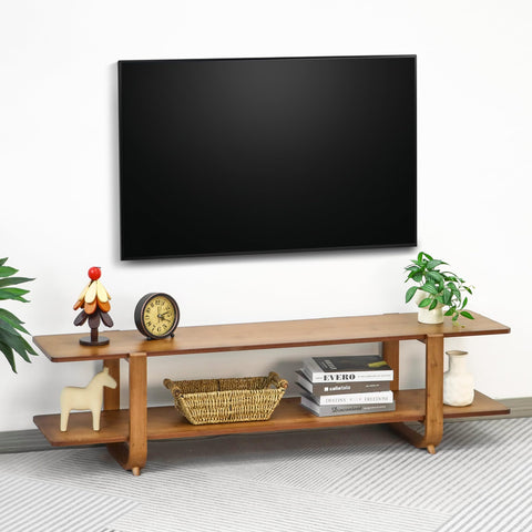 Mordchil HF bamboo TV stand in walnut, full-room view showing storage and clean lines.