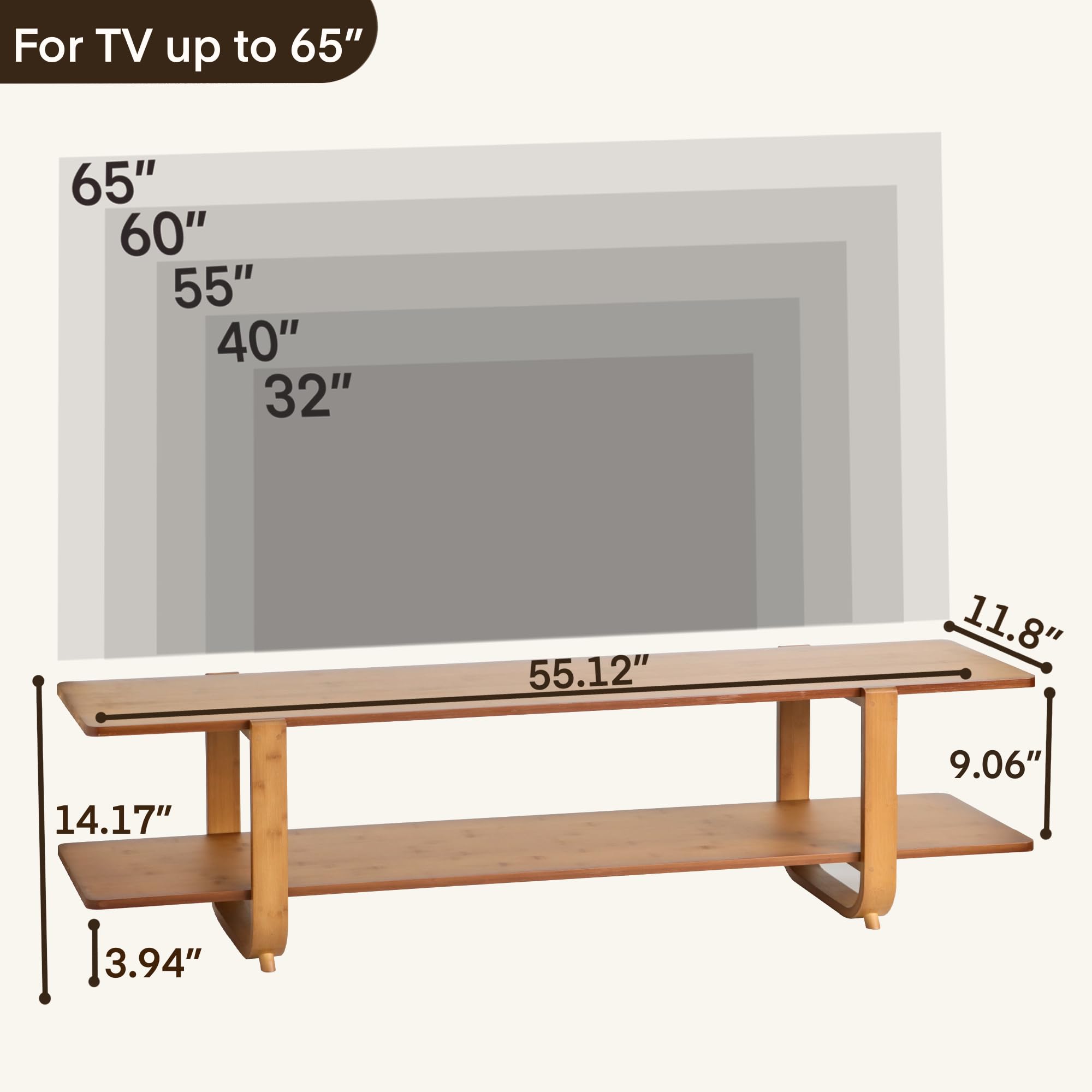 Mordchil HF bamboo TV stand with open shelves for consoles and media devices.