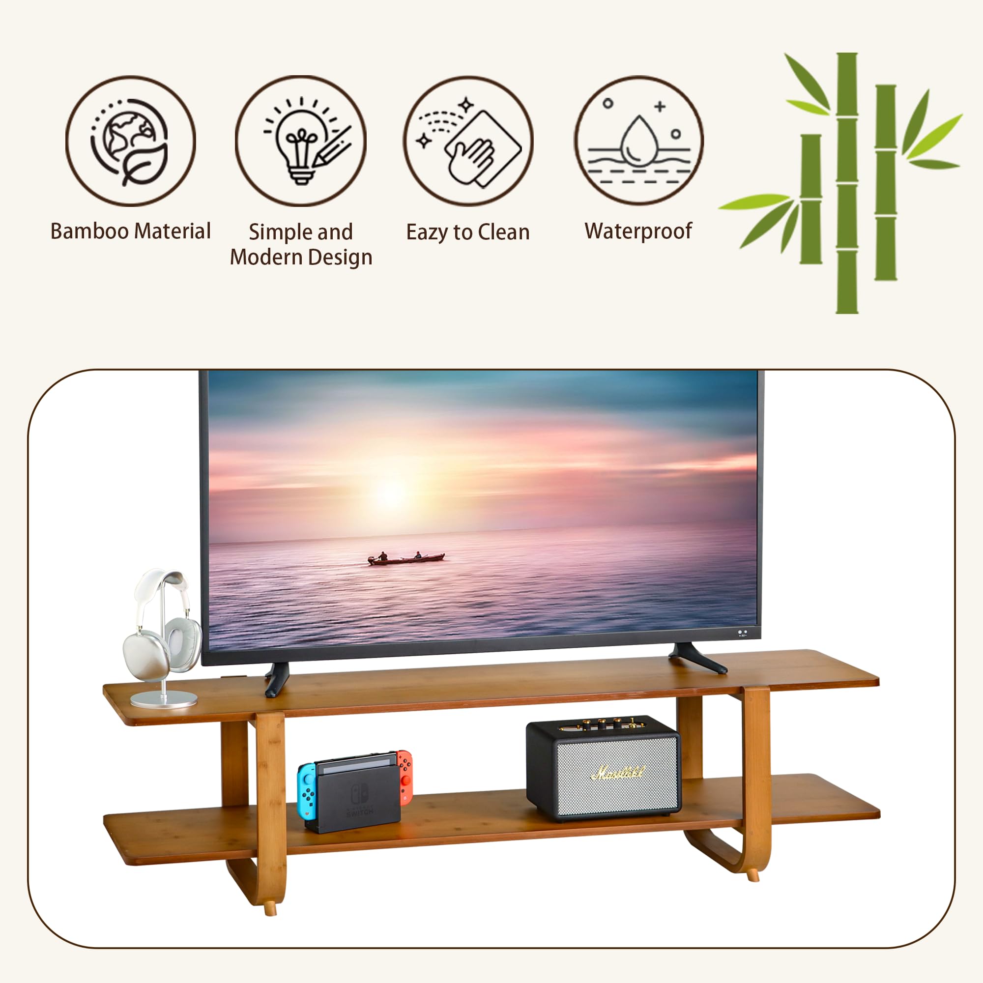 Mordchil HF bamboo TV stand with TV centered for balanced living room focal point.