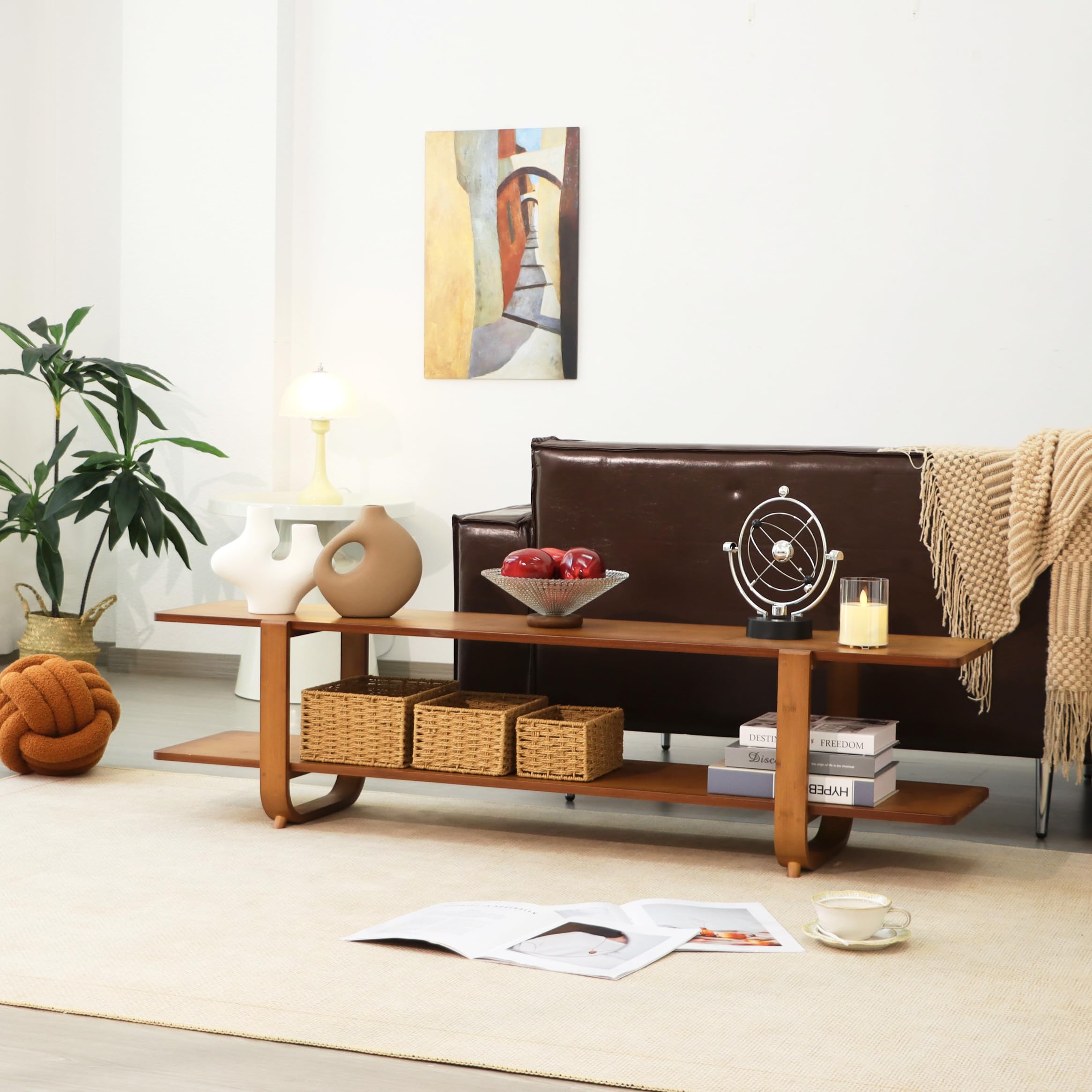 Mordchil HF bamboo TV stand with walnut finish complements modern interiors.