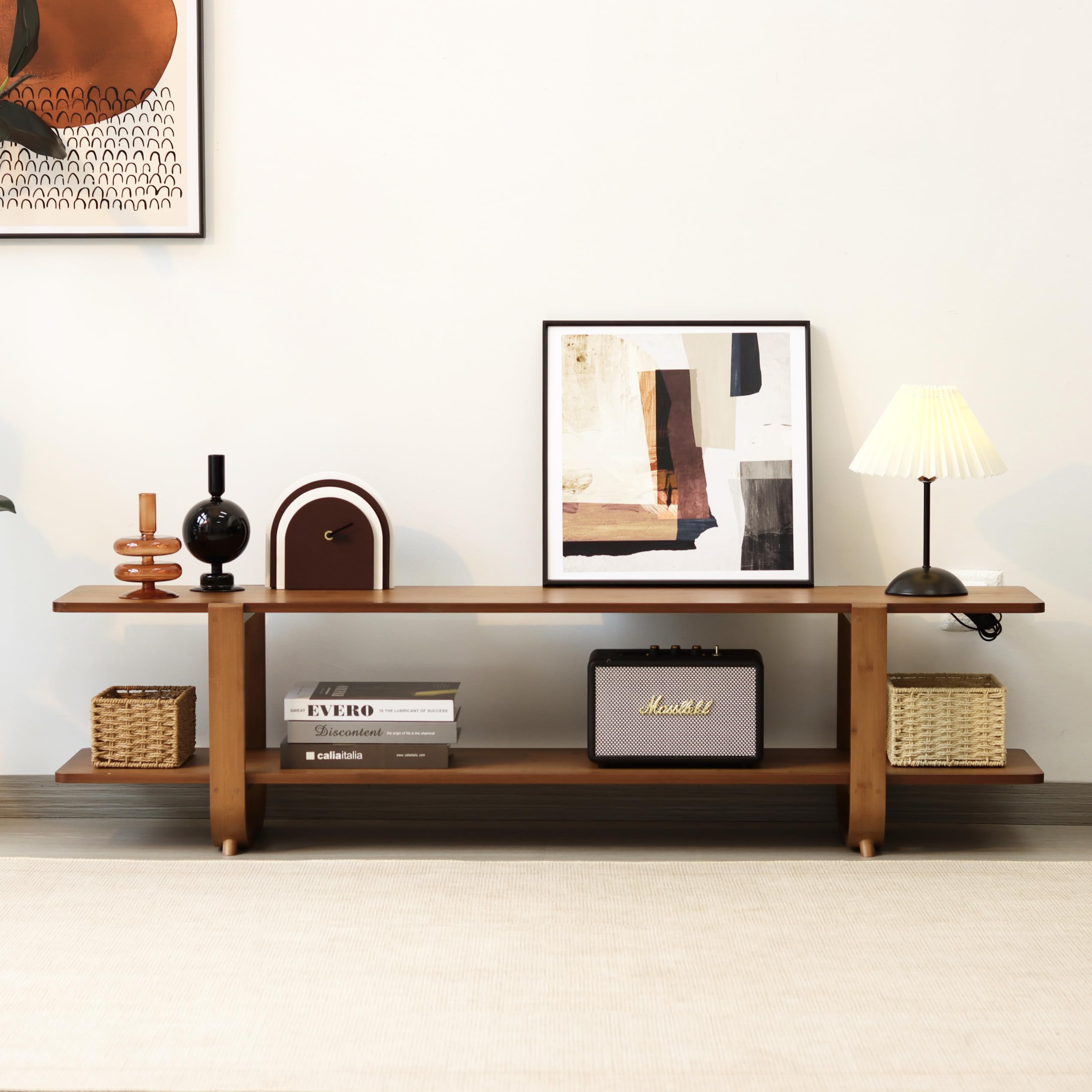 Mordchil HF bamboo TV stand close-up on natural bamboo texture and durable build.