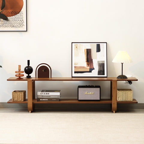 Mordchil HF bamboo TV stand close-up on natural bamboo texture and durable build.