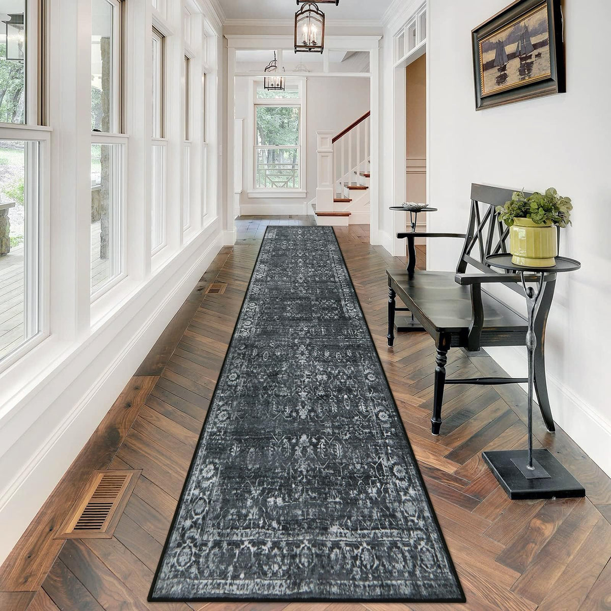 Morebes black vintage carpet runner 12ft for secure hallway use