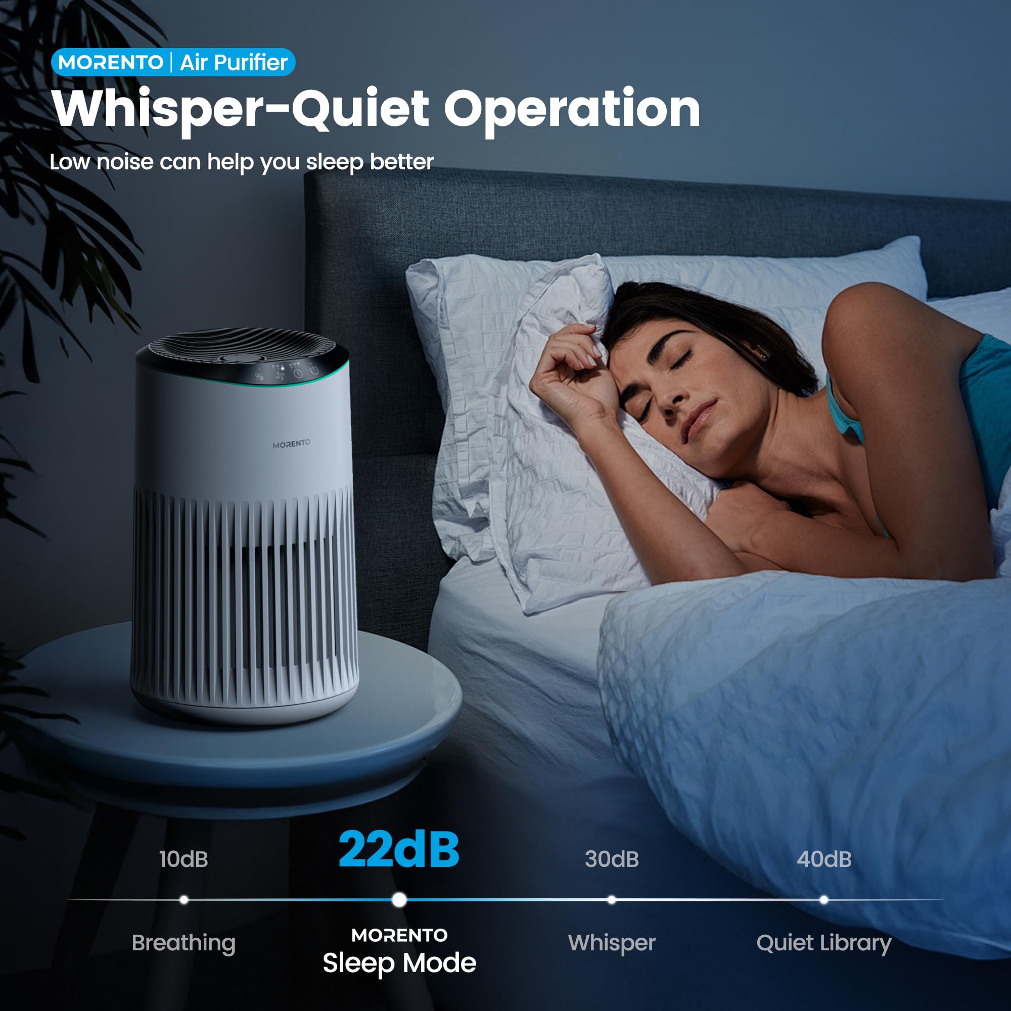 Morento HEPA filter captures fine particles for cleaner indoor air.