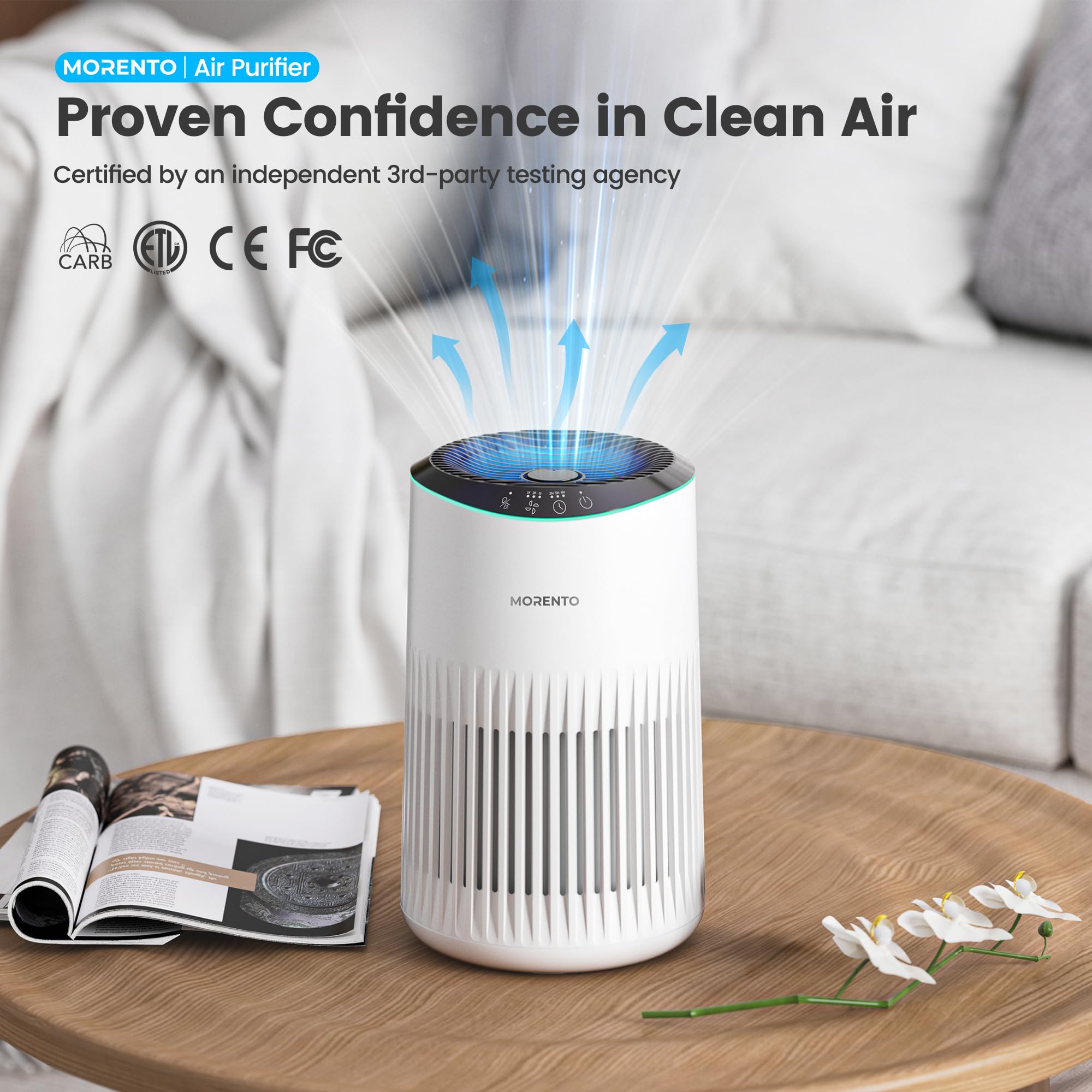 Morento air purifier in sleep mode delivering ultra-quiet night air.