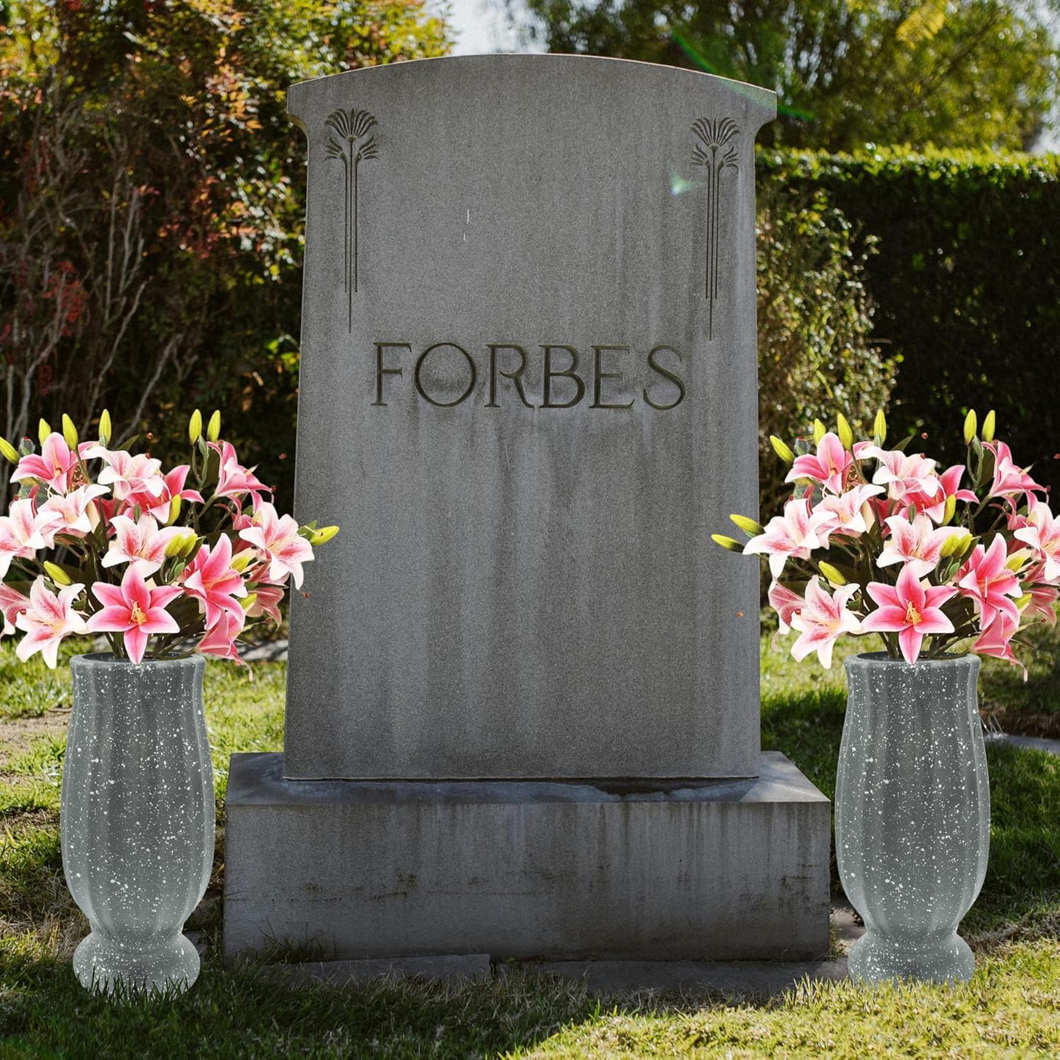 Moriahan cemetery vase with bow decor adds tasteful memorial detail.