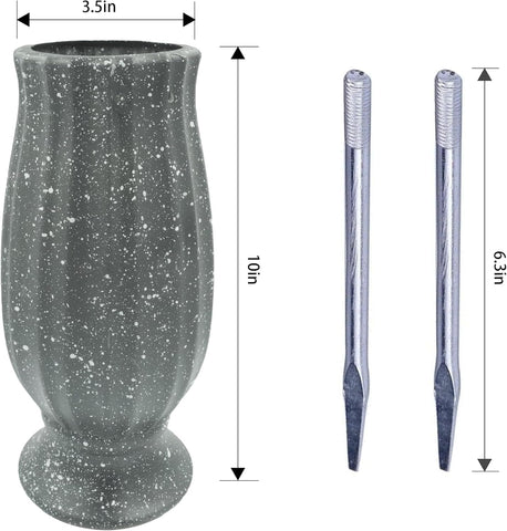 Moriahan cemetery vases with extended spikes for deep grounding.