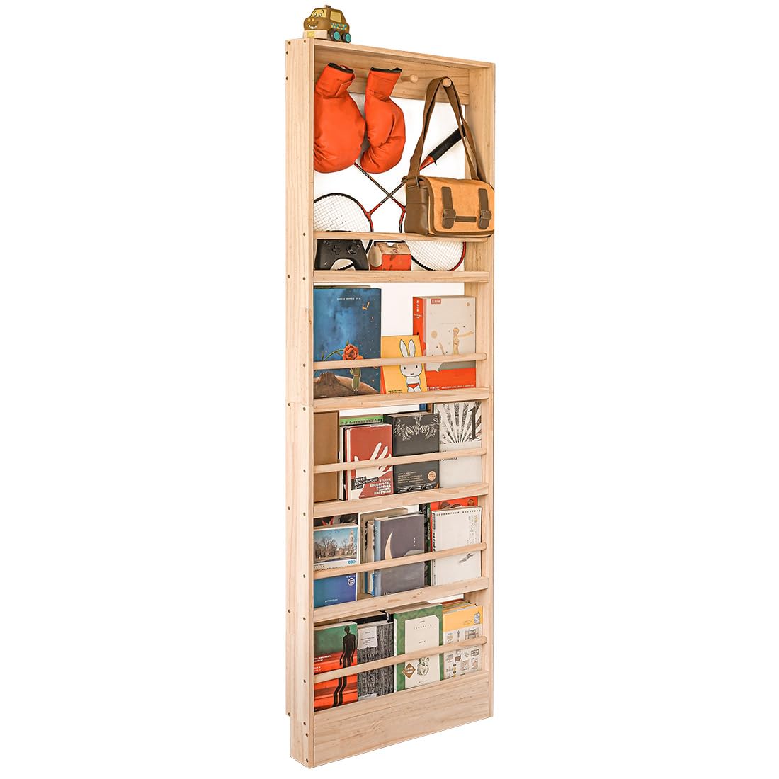 Morimoe Wooden Kids Bookshelf front-facing display makes books easy to see and access.