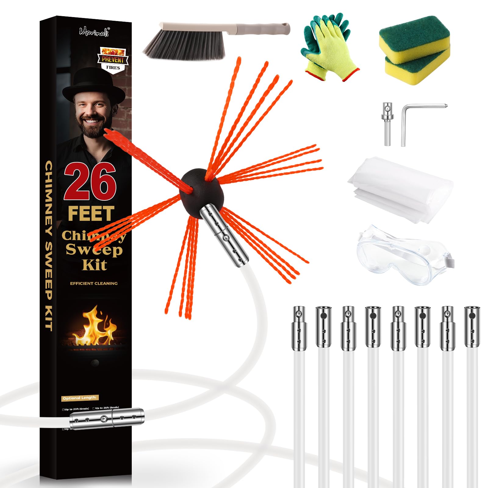 Morinoli 26 ft chimney sweep kit with chrome button locking for secure connections.
