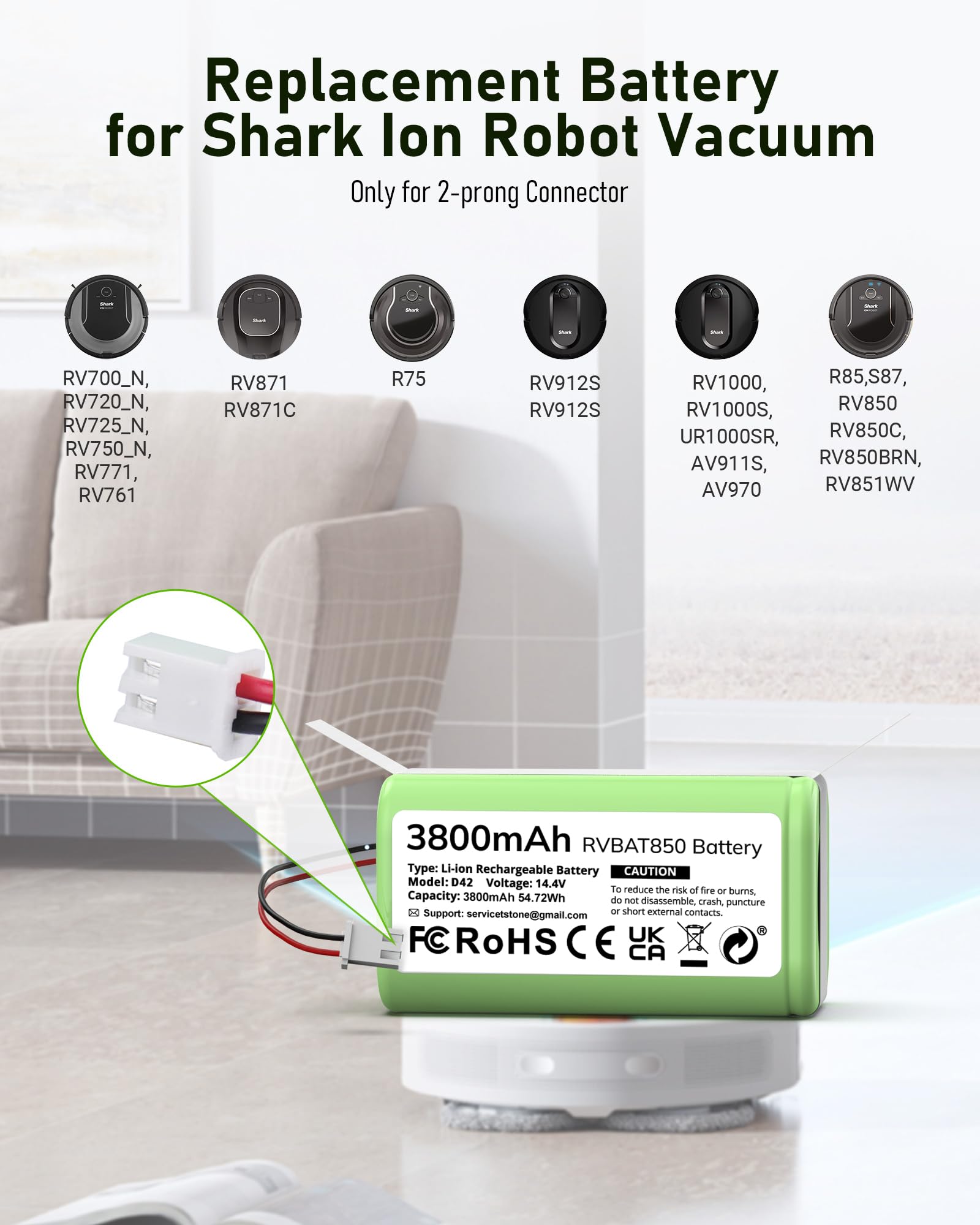 Close-up of Morpilot RVBAT850 label showing 14.4V 3800mAh for Shark vacuums