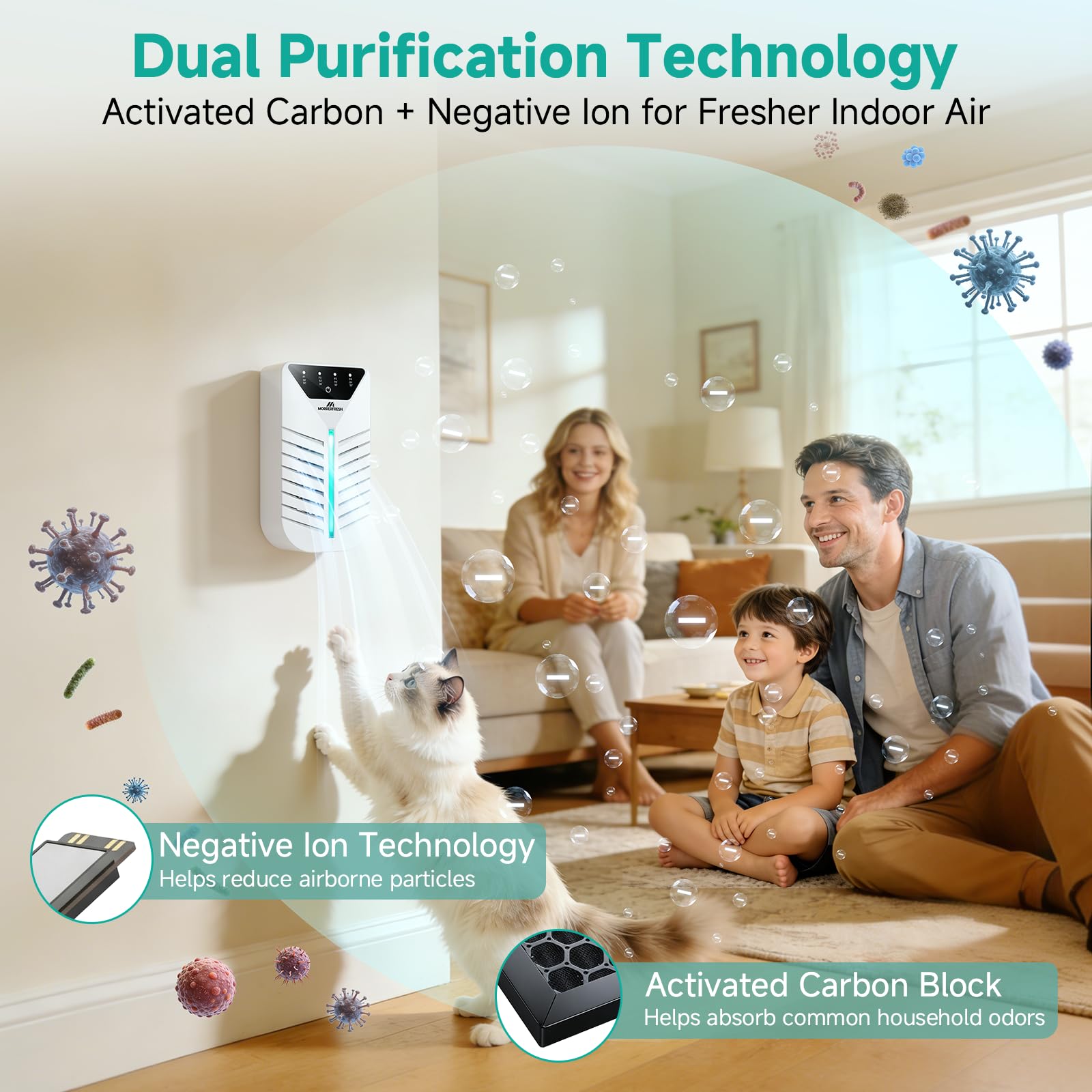 Morrerfresh activated-carbon-filter captures odors for a cleaner room environment.